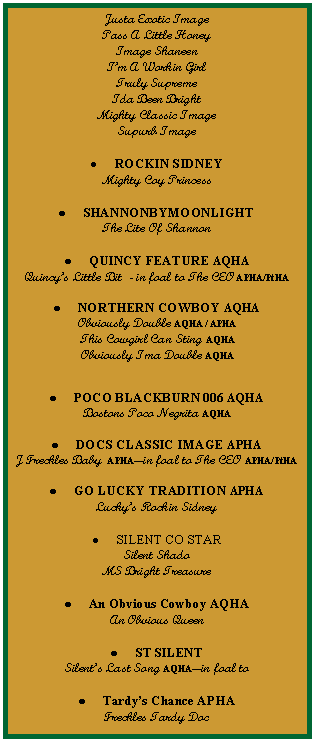 Text Box: Justa Exotic ImagePass A Little HoneyImage ShaneenIm A Workin GirlTruly SupremeIda Been BrightMighty Classic ImageSupurb ImageROCKIN SIDNEYMighty Coy PrincessSHANNONBYMOONLIGHTThe Lite Of ShannonQUINCY FEATURE AQHAQuincys Little Bit  - in foal to The CEO APHA/PtHANORTHERN COWBOY AQHAObviously Double AQHA / APHAThis Cowgirl Can Sting AQHAObviously Ima Double AQHA  POCO BLACKBURN 006 AQHABostons Poco Negrita AQHA DOCS CLASSIC IMAGE APHAJ Freckles Baby  APHAin foal to The CEO APHA/PtHAGO LUCKY TRADITION APHALuckys Rockin SidneySILENT CO STARSilent ShadoMS Bright TreasureAn Obvious Cowboy AQHAAn Obvious QueenST SILENTSilents Last Song AQHAin foal to Tardys Chance APHAFreckles Tardy Doc